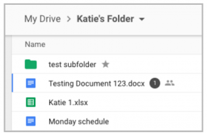 Under Katie's Folder, the shared doc, "Testing Document 123.docx", is followed by a circle 1 icon.