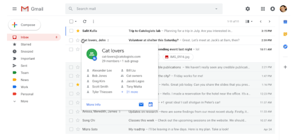 A hovercard in Gmail that shows the group members and email address.