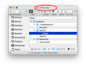Picture of folder structure of the Chess.app application bundle showing the folder tree /Contents/MacOS/Chess