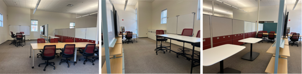 The Collaboration Space is broken up into 3 sections: one sections is a conference table that seats 8, another is a bar-height table with 4 chairs, and the last section has bleachers. Everything is on wheels and moveable. There are white boards and an LCD display.