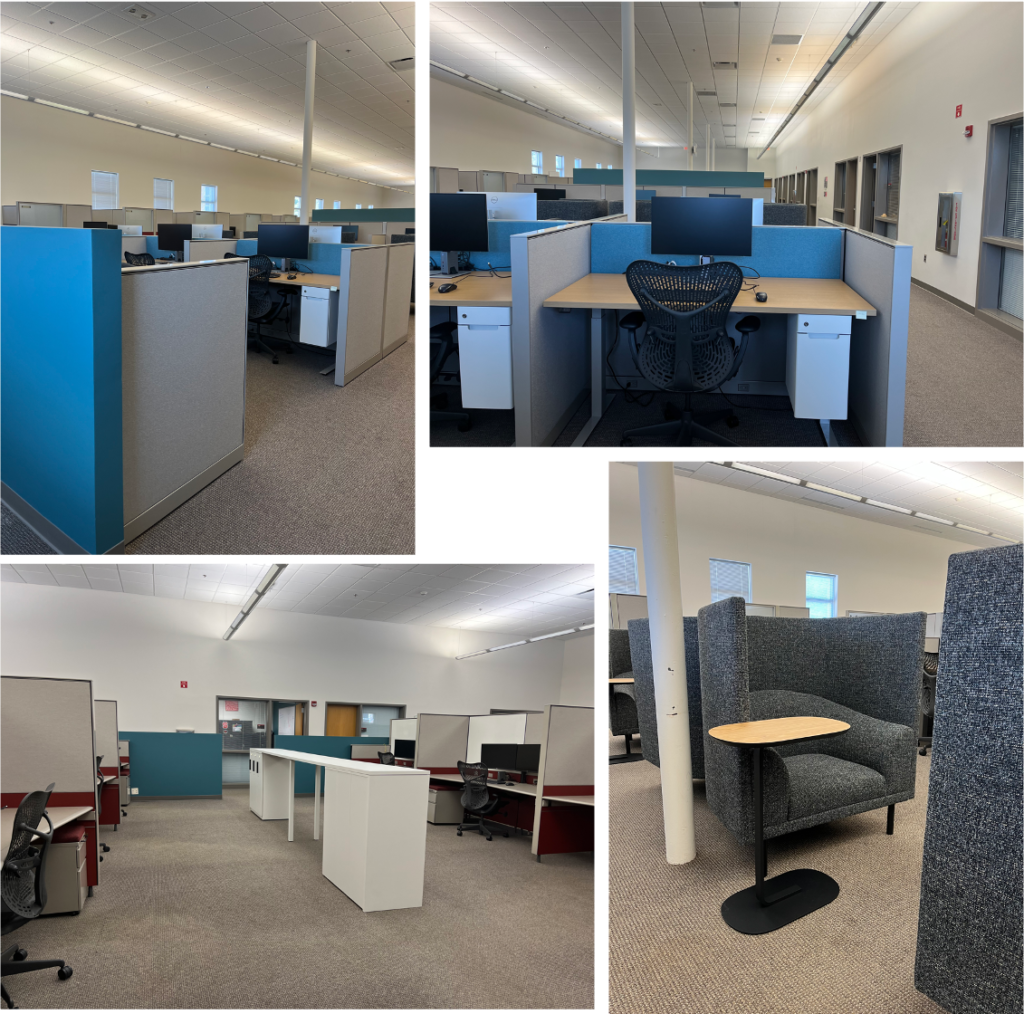 The Touchdown Spaces are very different. Some have moveable desks, some have 2 monitors, some are oversized chairs with a laptop desk. There are laptop docking stations and spaces to store items.