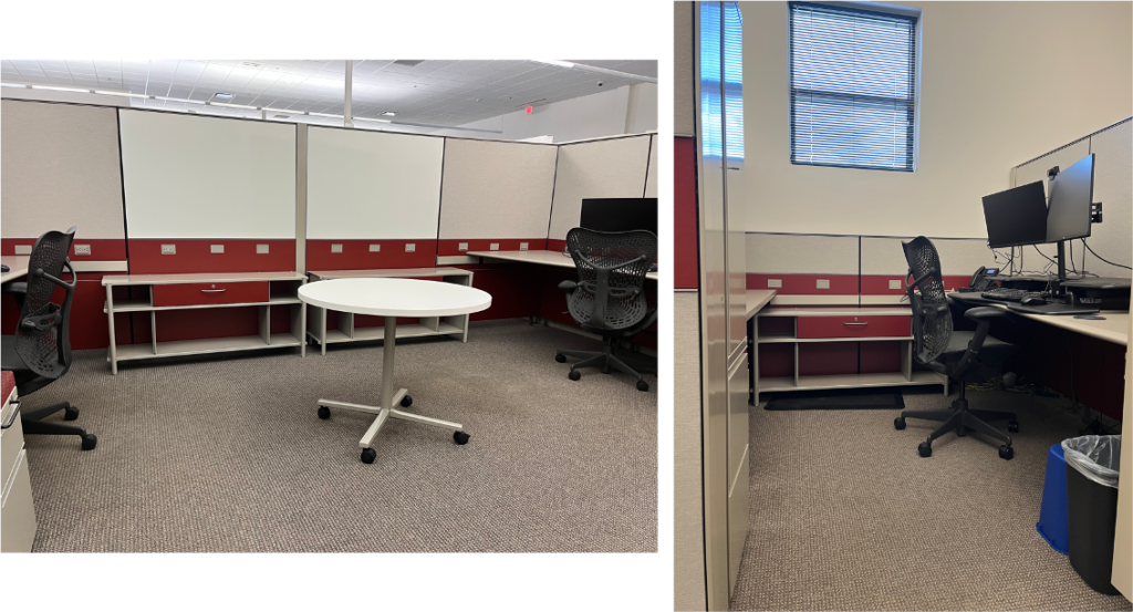 Individual cubicles had either 1 or 2 monitors, wired keyboard and mouse, laptop docking station, and space to store your belongings.