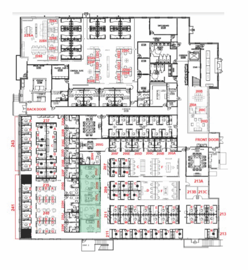 This is the floor plan with the huddle rooms highlighted.