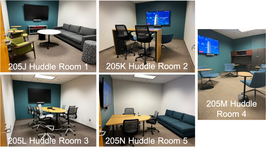 Each Huddle Room has a different layout and can accommodate different numbers of people.