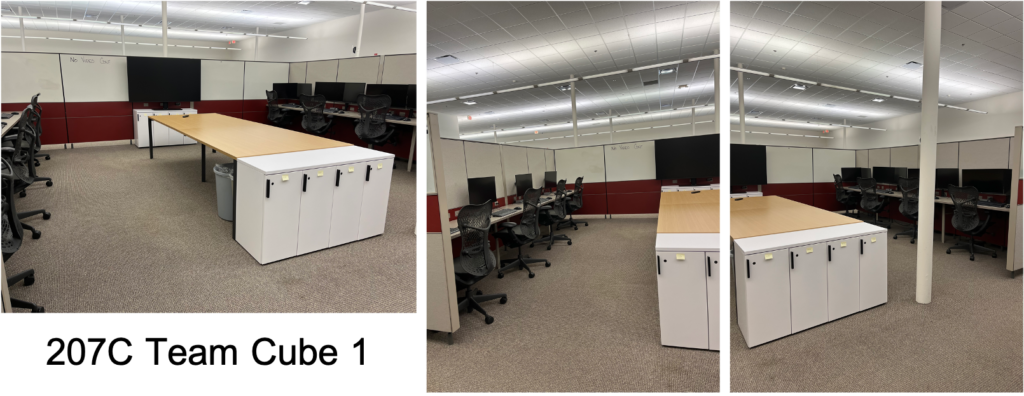 Team Cube 1 has 8 workstations, 8 lockers, a conference table, large LCD display, and moveable whiteboards.