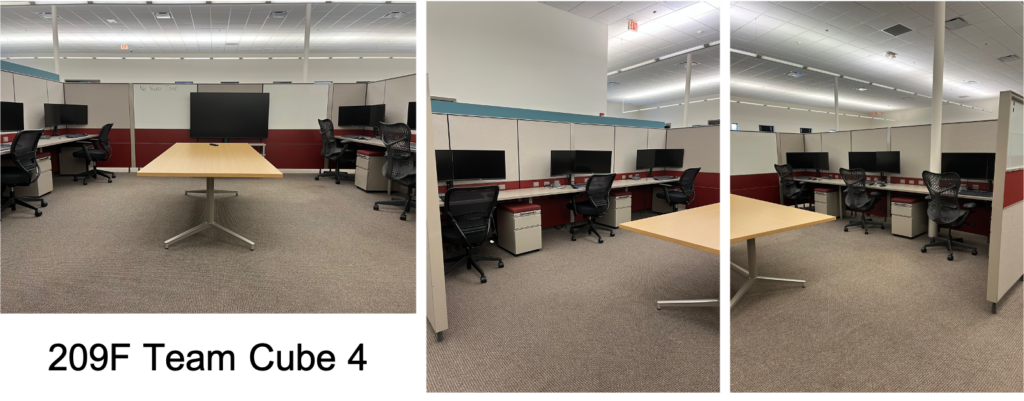Team Cube 4 has 6 workstations, a conference table, an LCD display, and whiteboards.