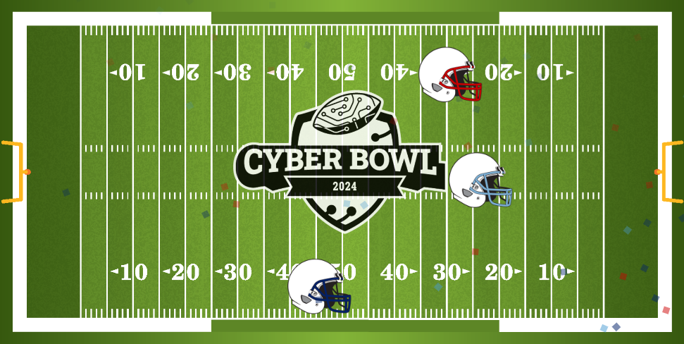 Image of football field shows three helmets representing NC State, UNC-Chapel Hill and Duke competing in the Cyber Bowl. The UNC-Chapel Hill helmet is in the lead.