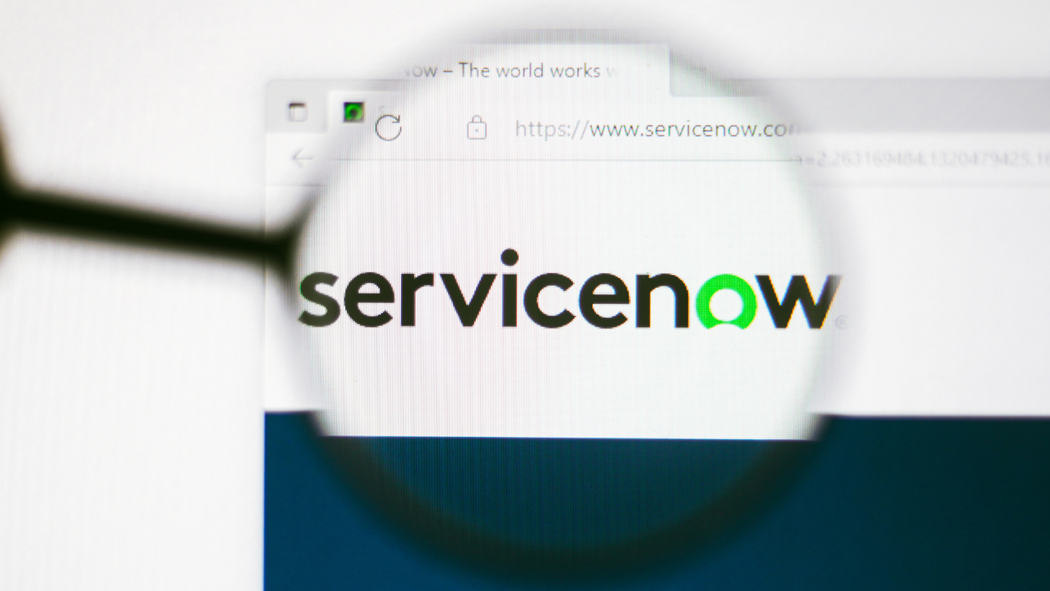 A magnifying glass shows the ServiceNow logo in a browser.
