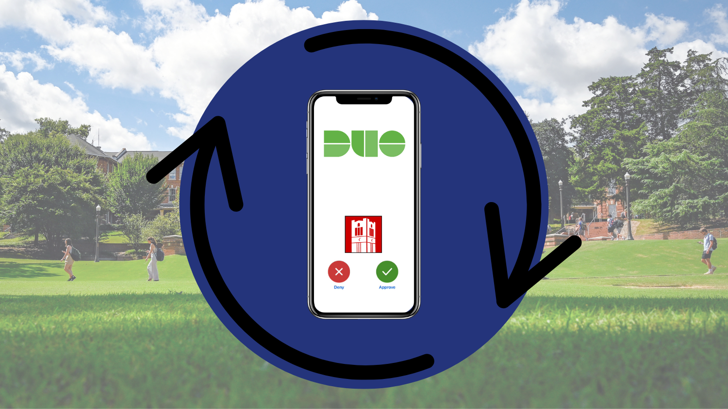 A phone shows a version of the Duo Mobile app in front of a circle with arrows representing an update.