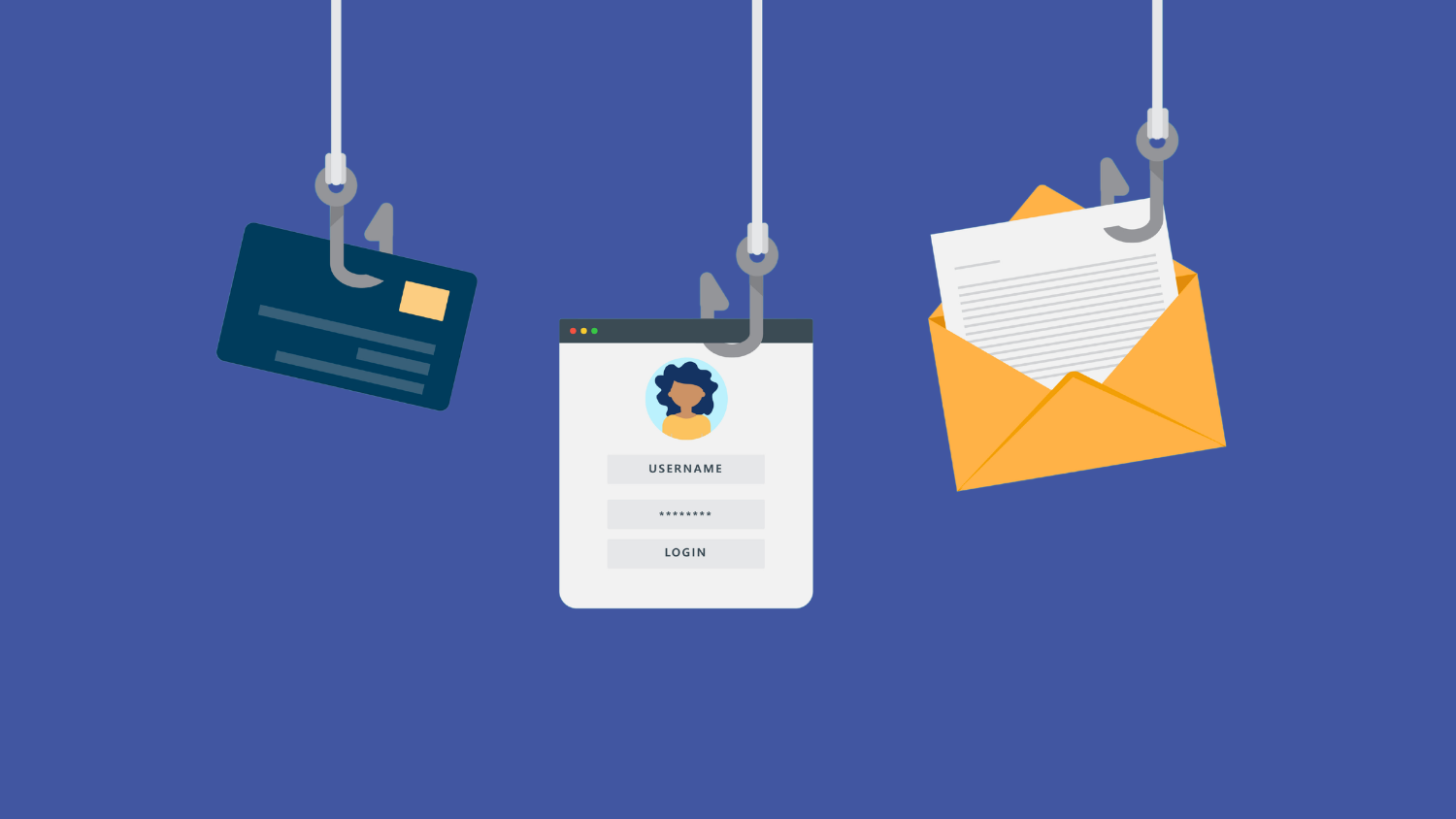 Three fishing hooks hold a credit card, a log-in screen and an envelope/letter.