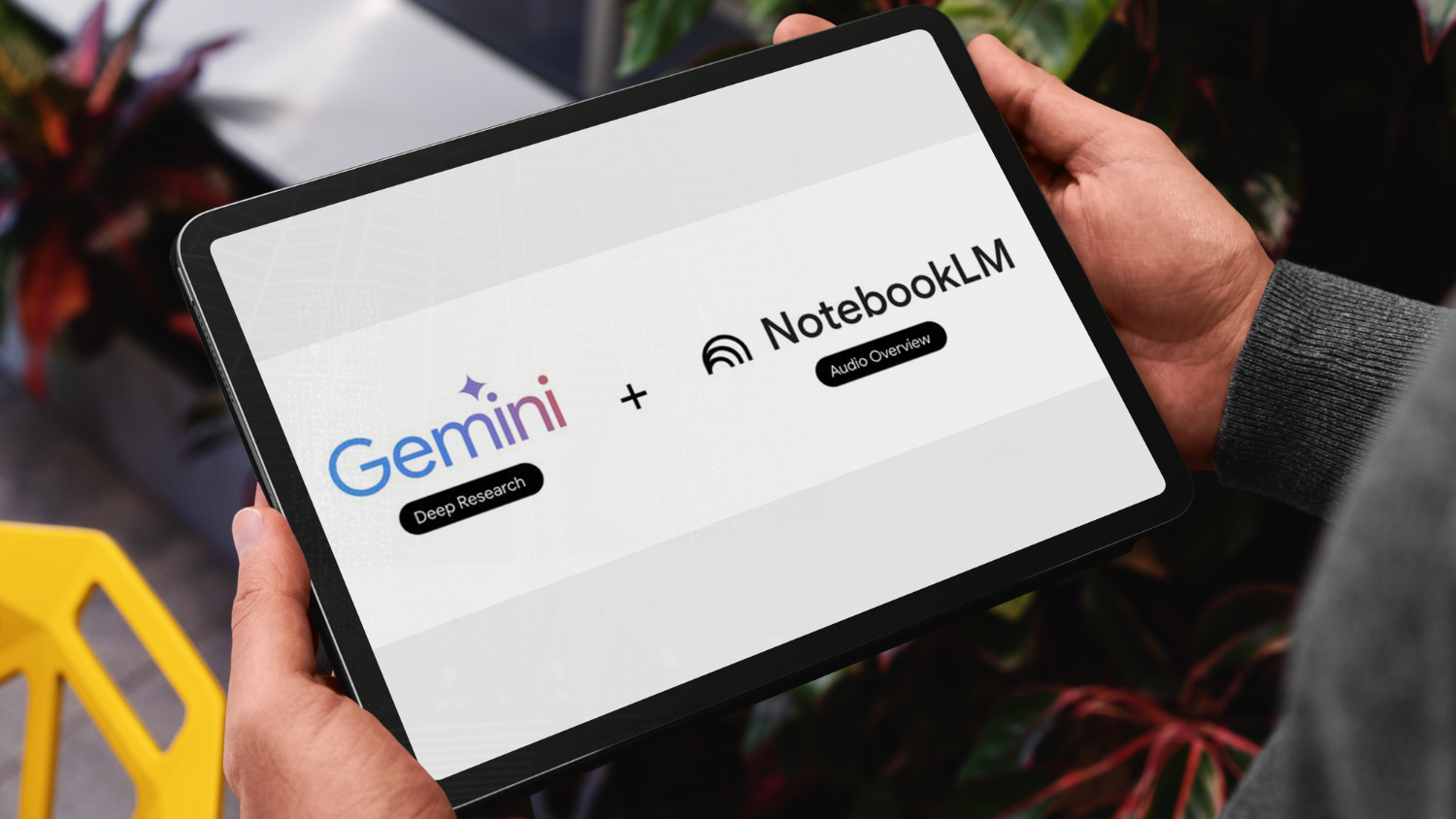 A tablet shows the Gemini and NotebookLM logos with a plus sign in the middle.