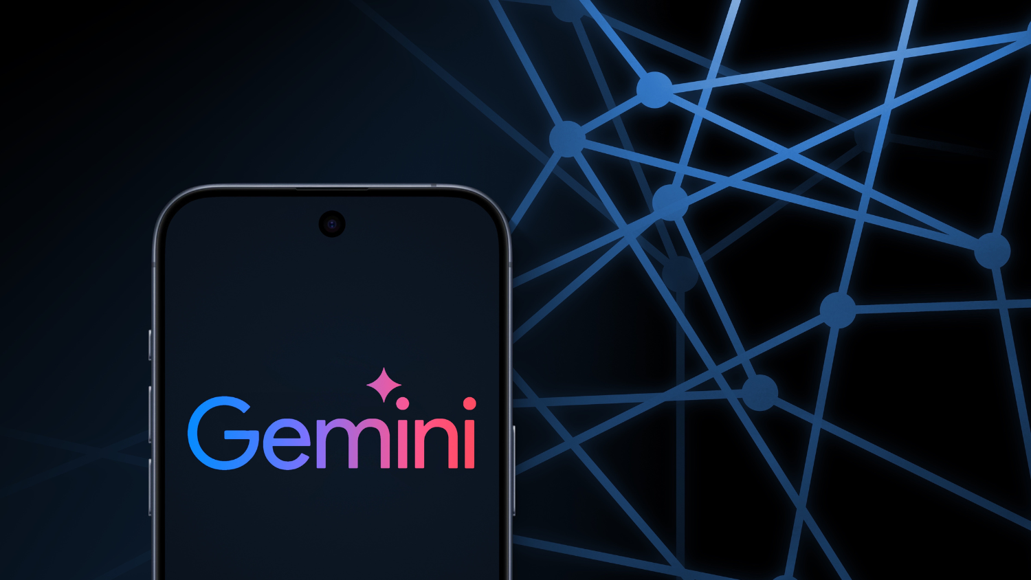 Gemini logo shows on a phone with digital lines in the background.