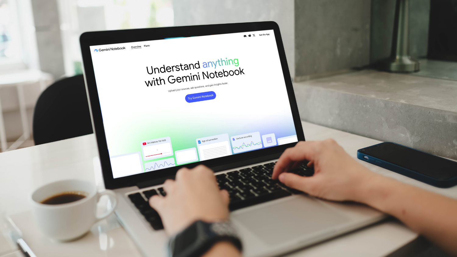 Hands type on a laptop showing a Gemini Notebook interface with the words "Understand anything with Gemini Notebook."