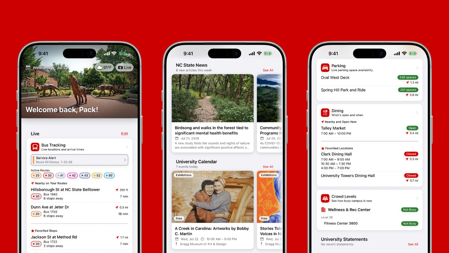 Three phones show different views of the OnCampus app, including bus tracking, news, calendar, parking, dining and crowd levels