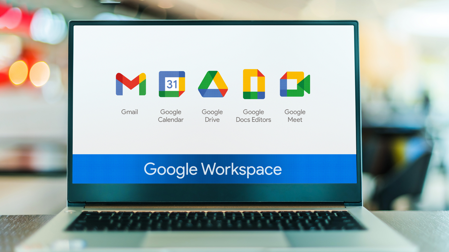 A laptop says "Google Workspace" and show Gmail, Calendar, Drive, Docs Editors and Meet apps